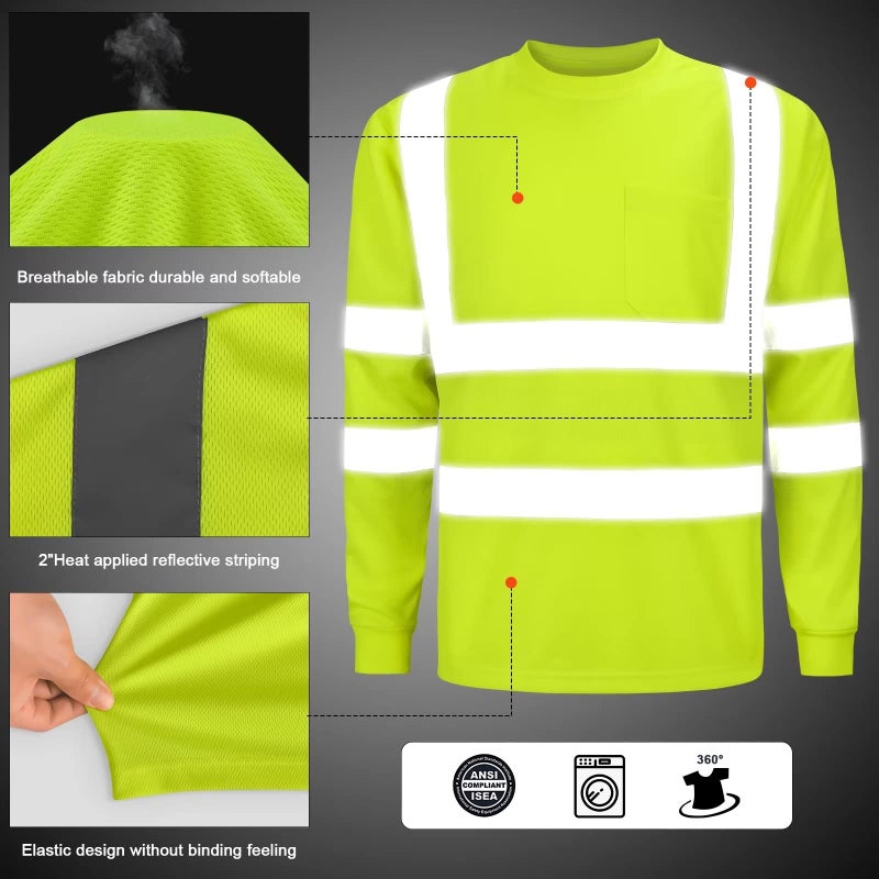 DPSAFETY High Visibility Class 3 T Shirts,Hi Vis Safety Shirts with Reflective Strips and Pocket, Long Sleeve Quick Dry Mesh Construction Work Shirt for Men/Women Lime,Medium - Image 2